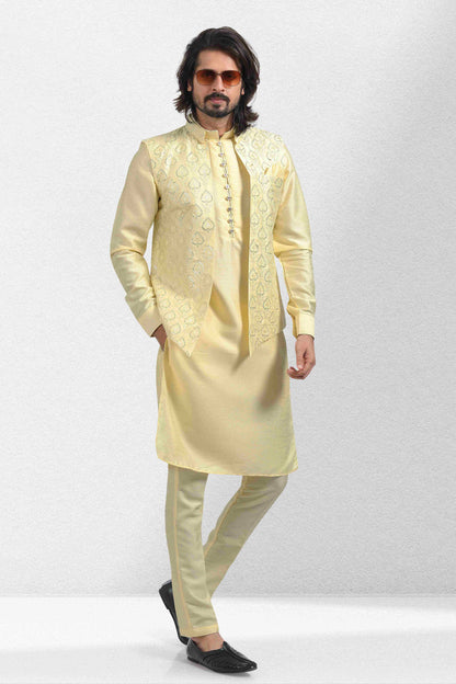 Raivat Ethnic Art Banarasi Silk Thread Work 3 Pics Jacket Set In Yellow Colour