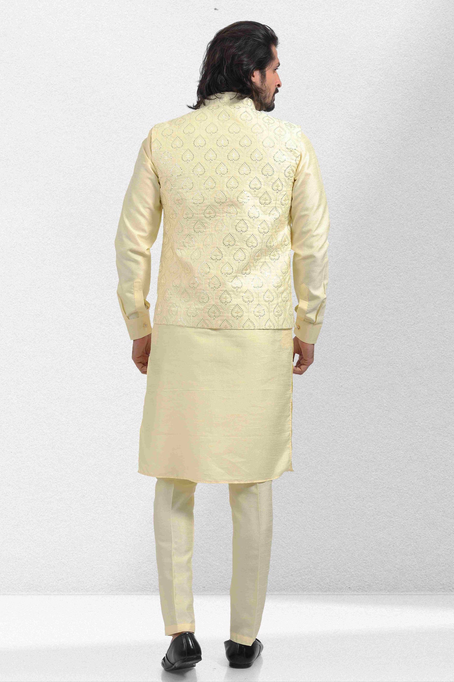 Raivat Ethnic Art Banarasi Silk Thread Work 3 Pics Jacket Set In Yellow Colour
