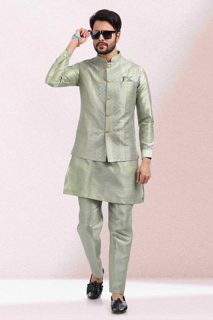 Raivat Ethnic Art Banarasi Silk Thread Work 3 Pics Jacket Set In Pista Green Colour