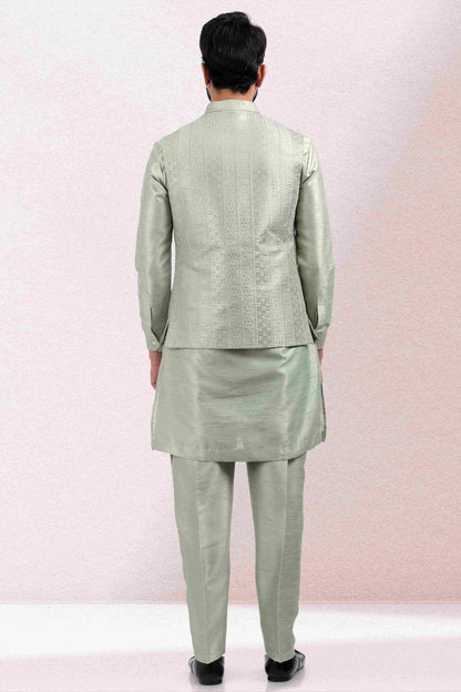 Raivat Ethnic Art Banarasi Silk Thread Work 3 Pics Jacket Set In Pista Green Colour