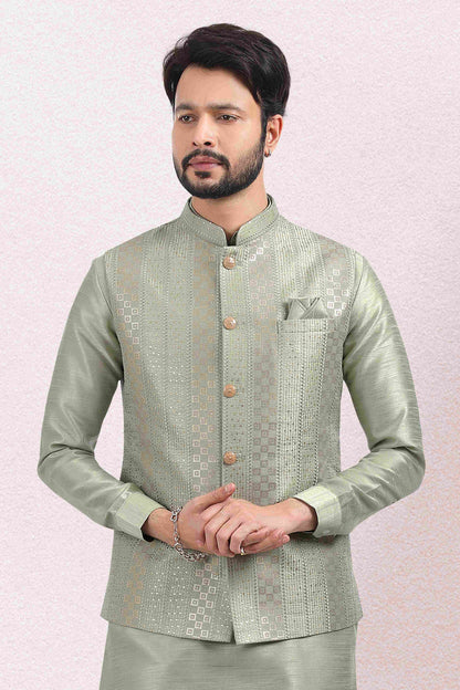 Raivat Ethnic Art Banarasi Silk Thread Work 3 Pics Jacket Set In Pista Green Colour