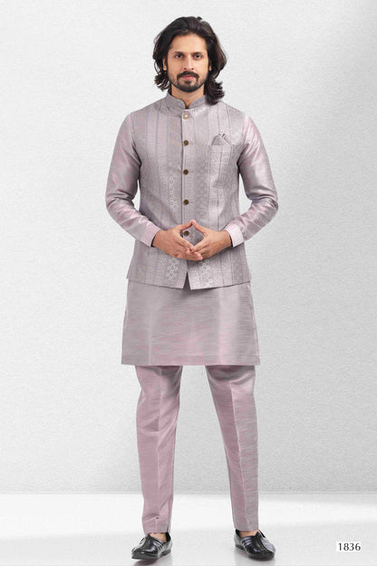 Raivat Ethnic Art Banarasi Silk Thread Work 3 Pics Jacket Set In Light Purple Colour