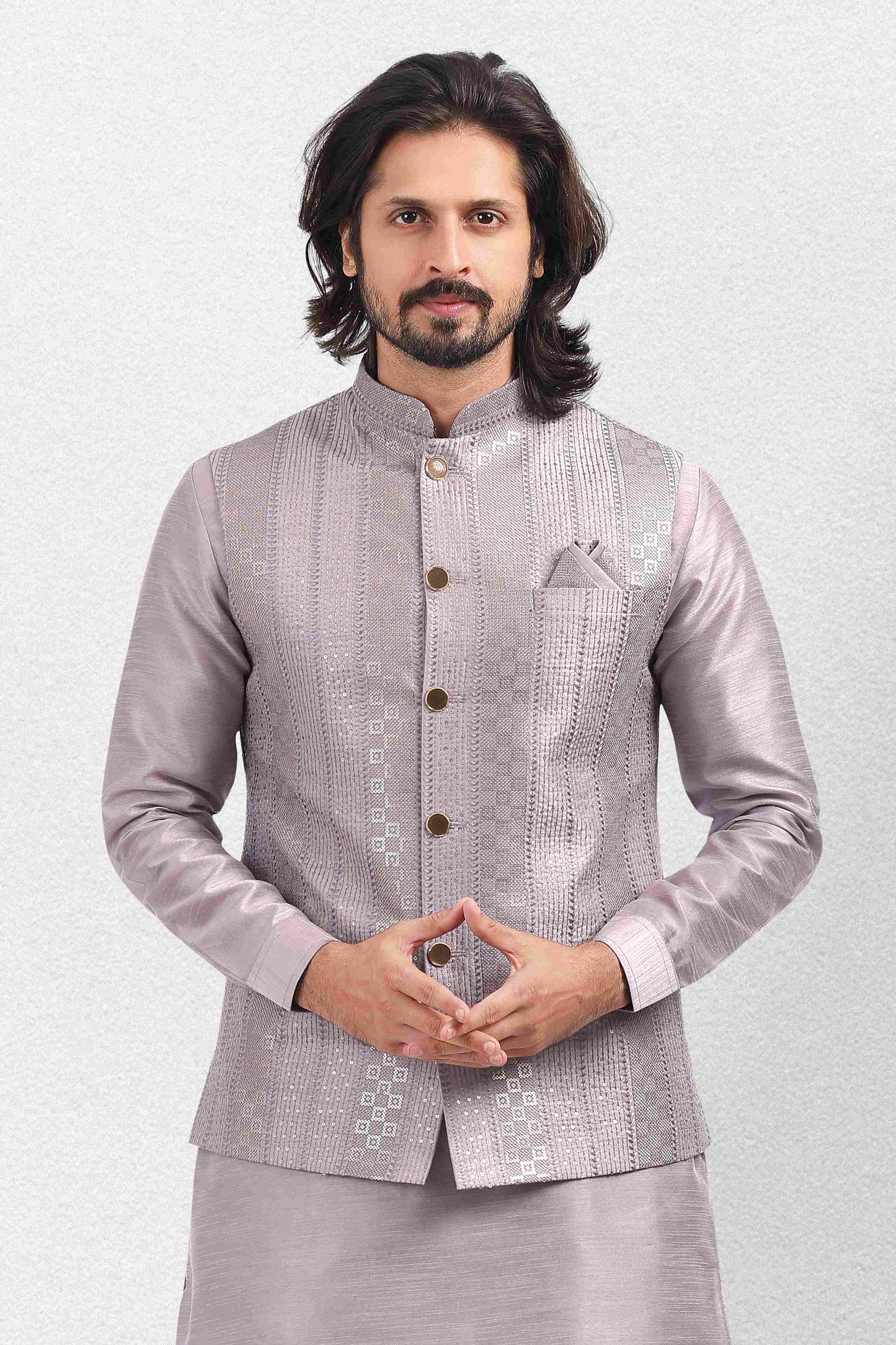 Raivat Ethnic Art Banarasi Silk Thread Work 3 Pics Jacket Set In Light Purple Colour