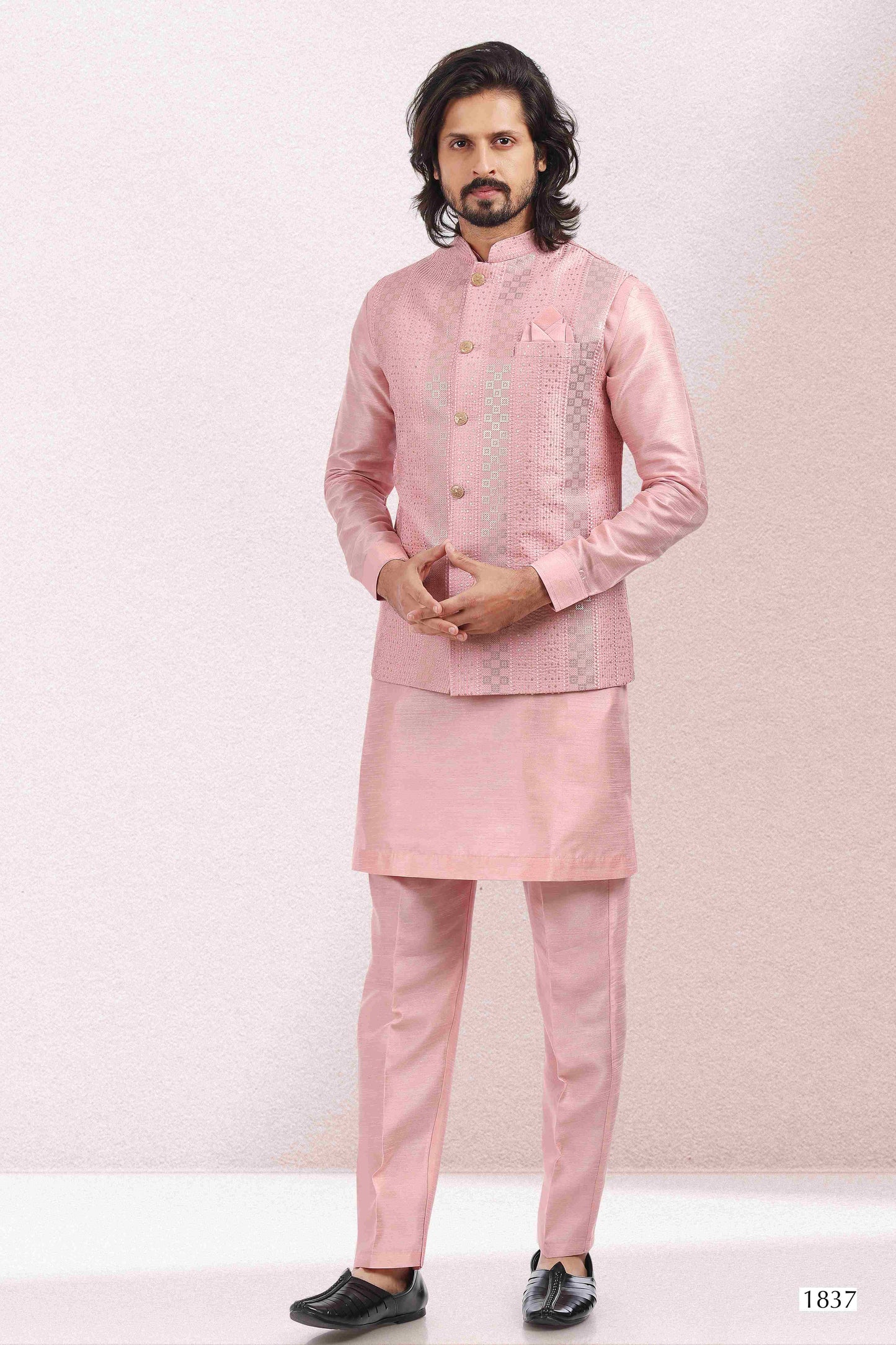 Raivat Ethnic Art Banarasi Silk Thread Work 3 Pics Jacket Set In Pink Colour