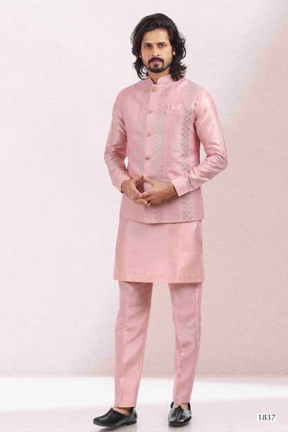 Raivat Ethnic Art Banarasi Silk Thread Work 3 Pics Jacket Set In Pink Colour