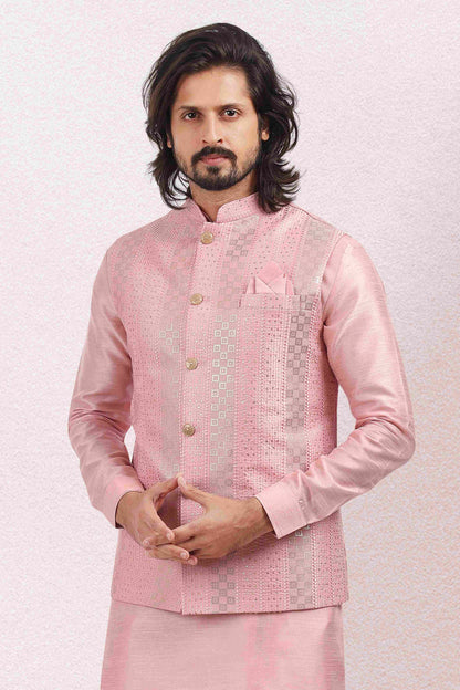 Raivat Ethnic Art Banarasi Silk Thread Work 3 Pics Jacket Set In Pink Colour