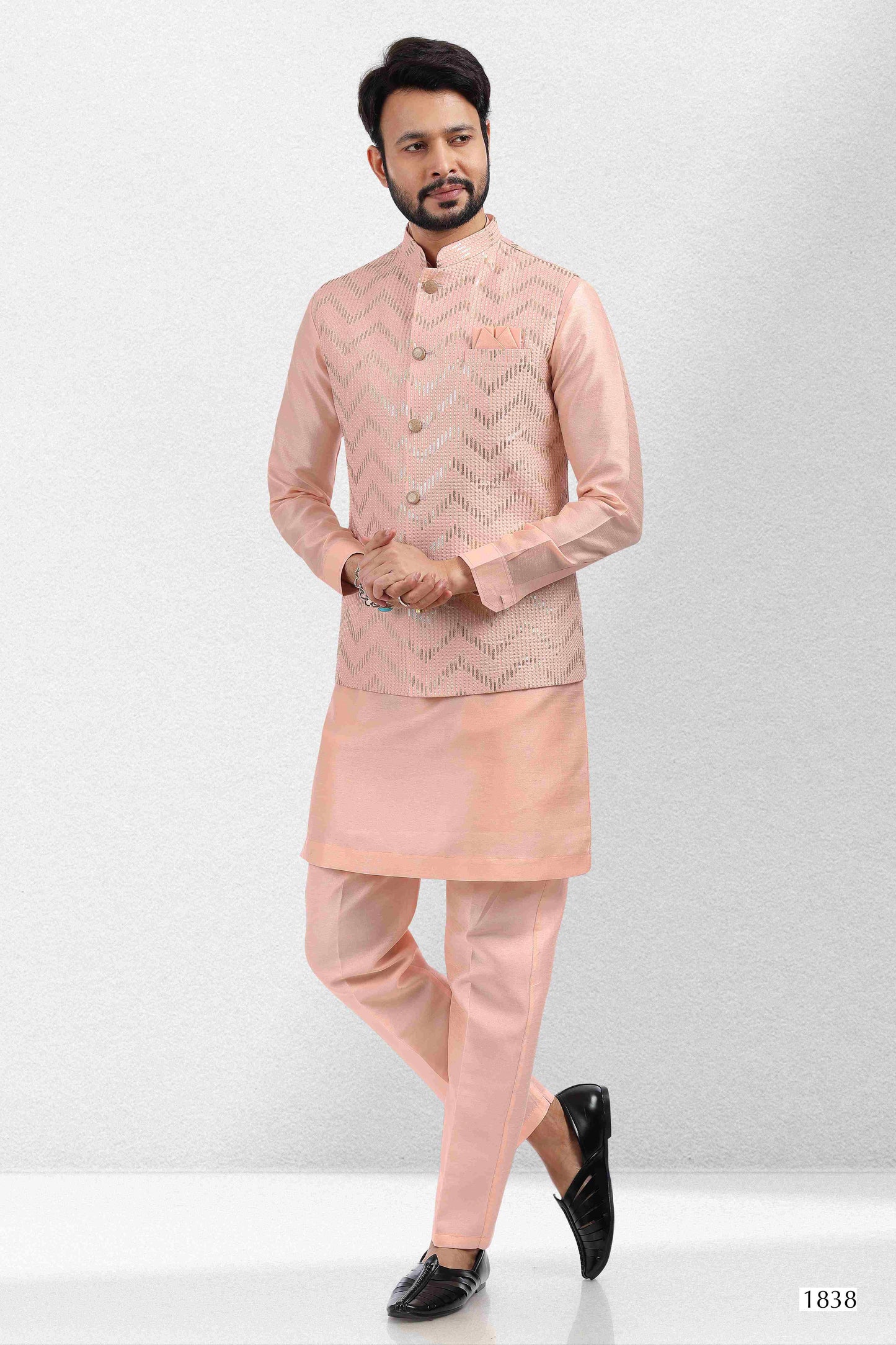 Raivat Ethnic Art Banarasi Silk Thread Work 3 Pics Jacket Set In Peach Colour