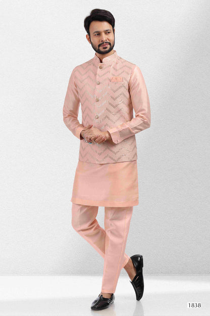 Raivat Ethnic Art Banarasi Silk Thread Work 3 Pics Jacket Set In Peach Colour
