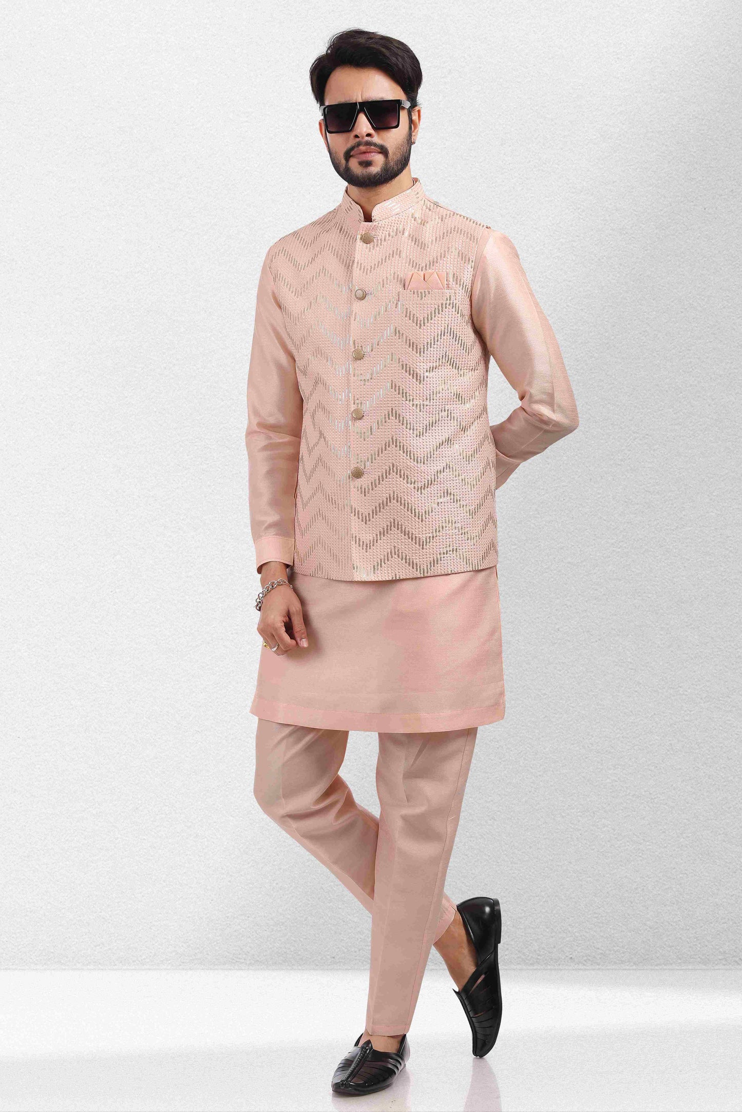 Raivat Ethnic Art Banarasi Silk Thread Work 3 Pics Jacket Set In Peach Colour