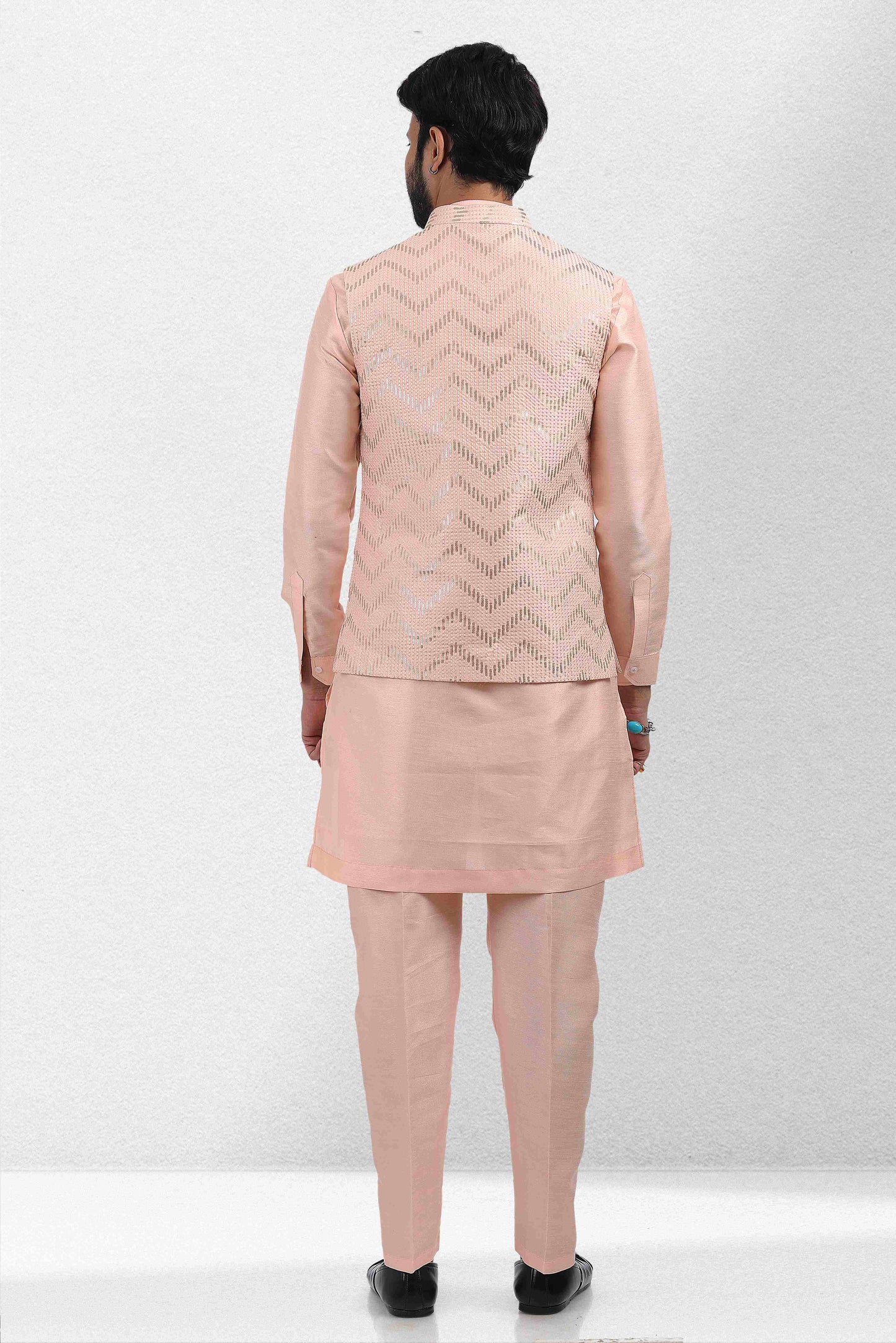Raivat Ethnic Art Banarasi Silk Thread Work 3 Pics Jacket Set In Peach Colour