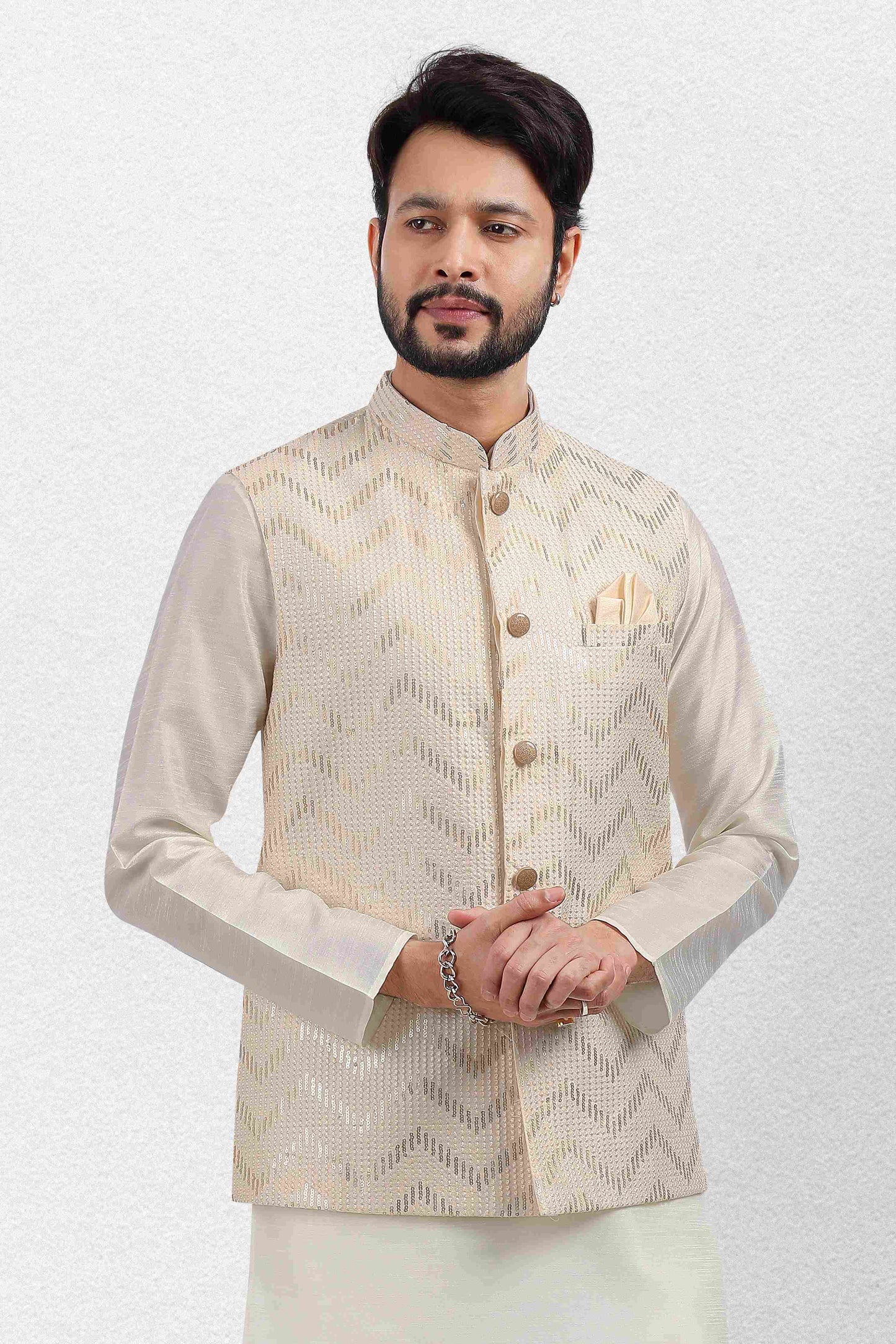 Raivat Ethnic Art Banarasi Silk Thread Work 3 Pics Jacket Set In Cream Colour
