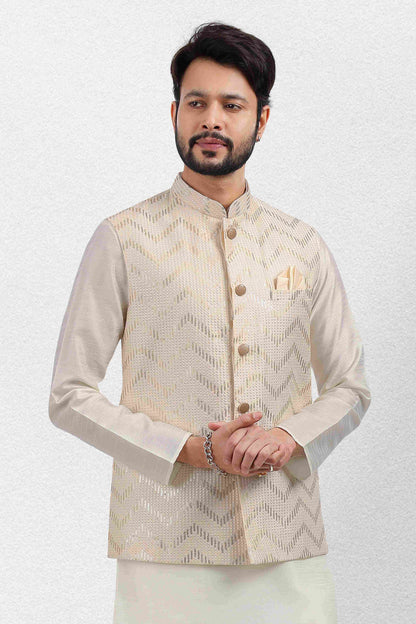 Raivat Ethnic Art Banarasi Silk Thread Work 3 Pics Jacket Set In Cream Colour