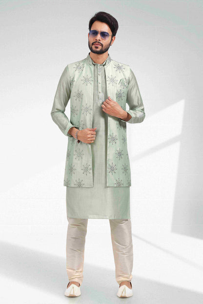 Raivat Ethnic Art Banarasi Silk Thread Work 3 Pics Jacket Set In Pista Green Colour