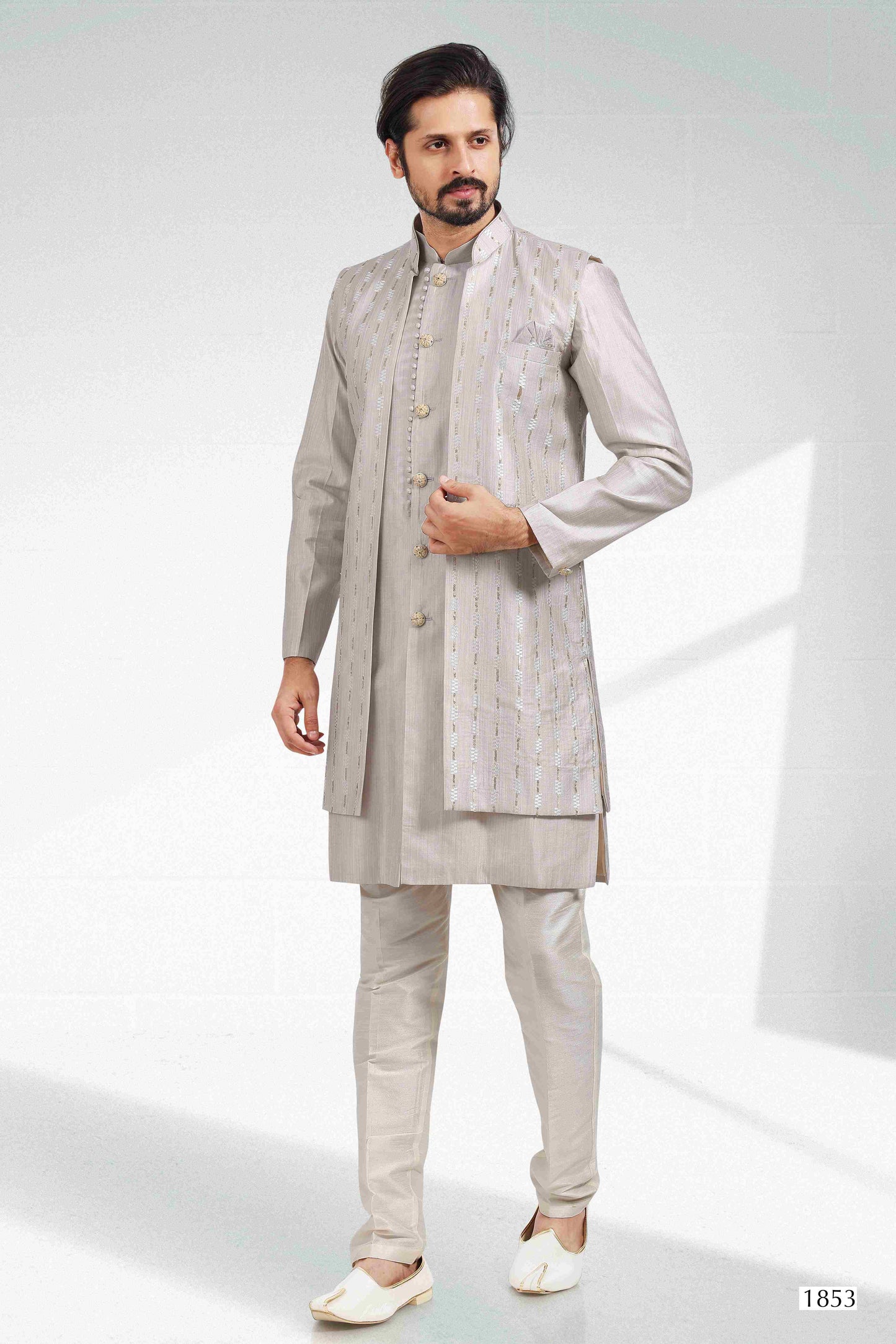 Raivat Ethnic Art Banarasi Silk Thread Work 3 Pics Jacket Set In Grey Colour