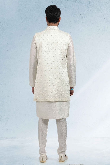Raivat Ethnic Art Banarasi Silk Thread Work 3 Pics Jacket Set In Cream Colour