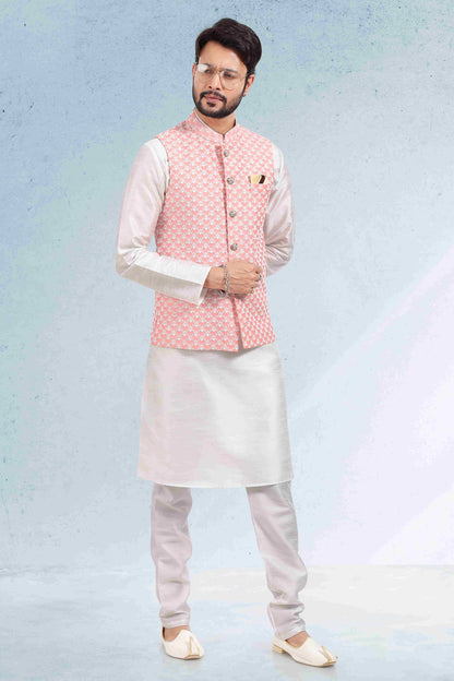 Raivat Ethnic Art Banarasi Silk Thread Work 3 Pics Jacket Set In Peach Colour
