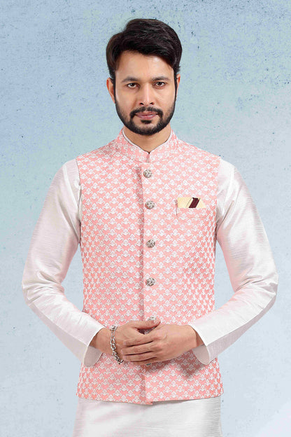 Raivat Ethnic Art Banarasi Silk Thread Work 3 Pics Jacket Set In Peach Colour
