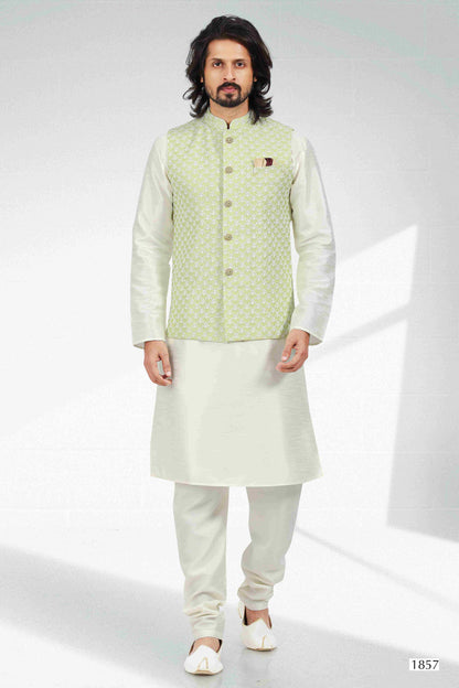 Raivat Ethnic Art Banarasi Silk Thread Work 3 Pics Jacket Set In Pista Green Colour
