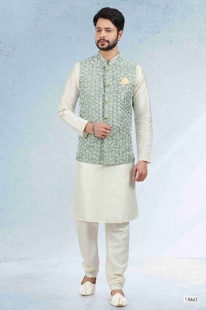 Raivat Ethnic Art Banarasi Silk Thread Work 3 Pics Jacket Set In Mehendi Green Colour
