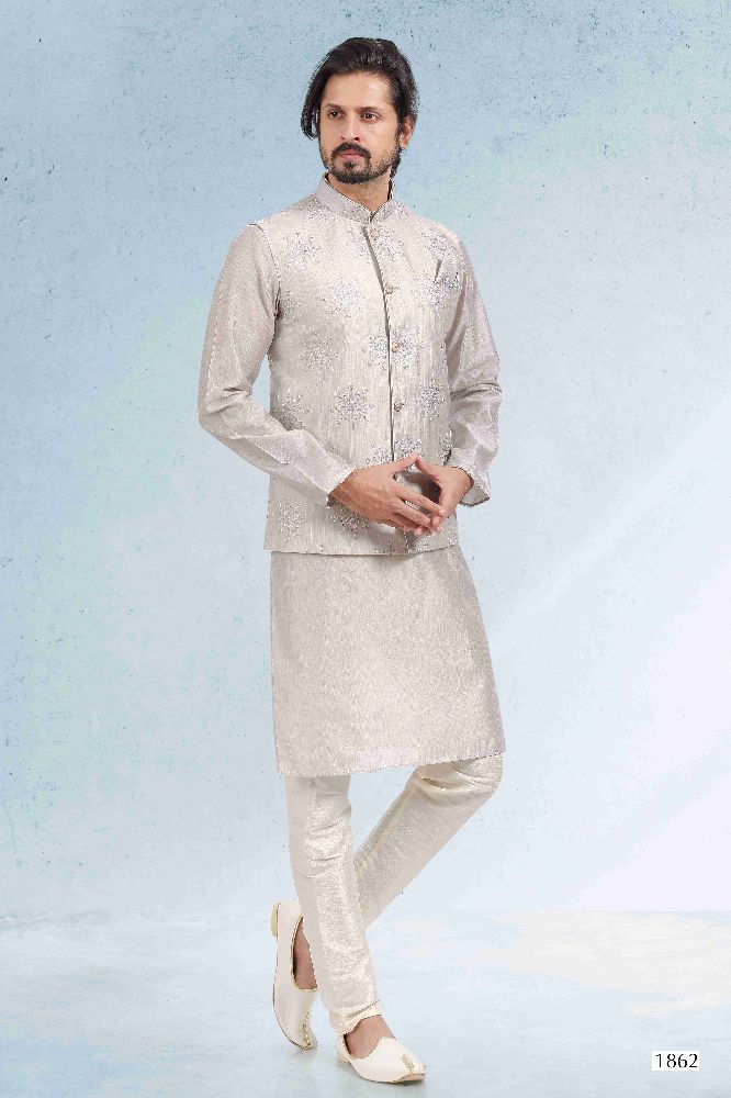 Raivat Ethnic Art Banarasi Silk Thread Work 3 Pics Jacket Set In Grey Colour