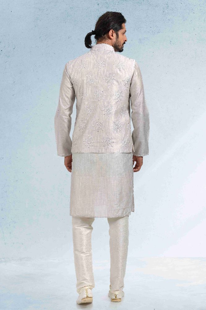 Raivat Ethnic Art Banarasi Silk Thread Work 3 Pics Jacket Set In Grey Colour