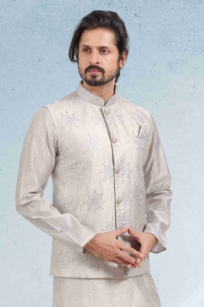 Raivat Ethnic Art Banarasi Silk Thread Work 3 Pics Jacket Set In Grey Colour