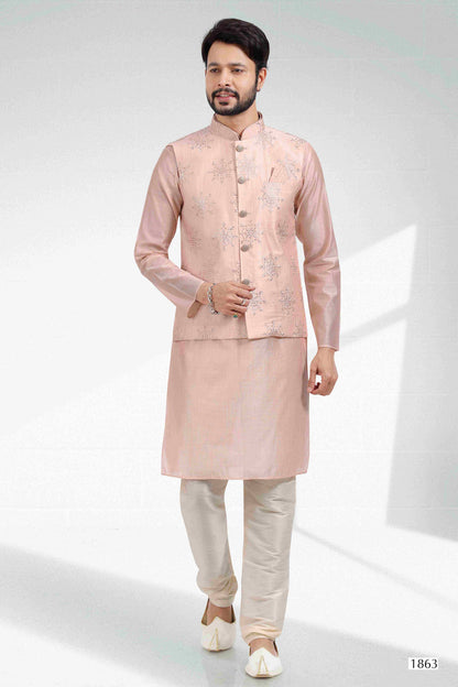 Raivat Ethnic Art Banarasi Silk Thread Work 3 Pics Jacket Set In Light Peach Colour