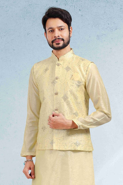 Raivat Ethnic Art Banarasi Silk Thread Work 3 Pics Jacket Set In Yellow Colour