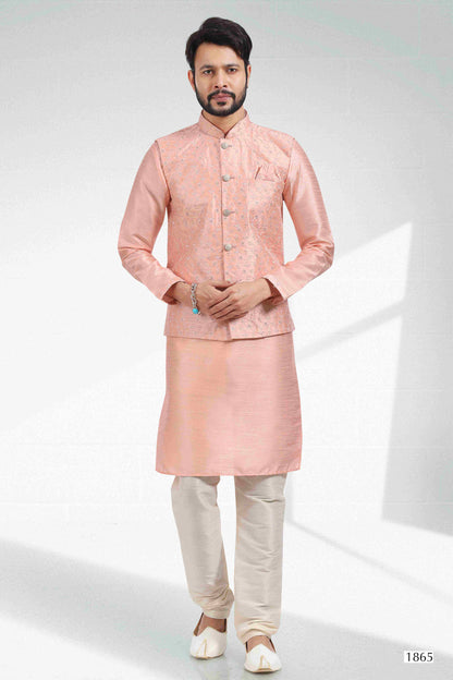 Raivat Ethnic Art Banarasi Silk Thread Work 3 Pics Jacket Set In Peach Colour