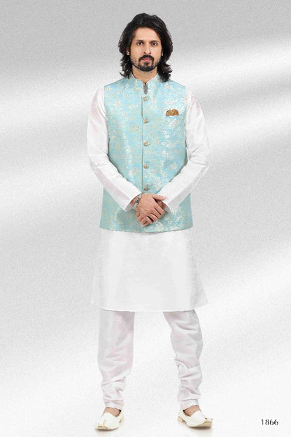 Raivat Ethnic Jacquard Banarasi Silk Woven Work 3 Pics Jacket Set In Sky Blue Colour