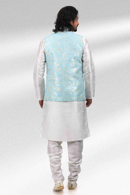 Raivat Ethnic Jacquard Banarasi Silk Woven Work 3 Pics Jacket Set In Sky Blue Colour