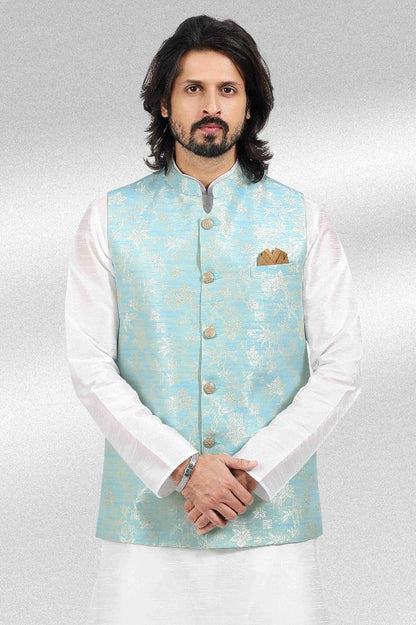 Raivat Ethnic Jacquard Banarasi Silk Woven Work 3 Pics Jacket Set In Sky Blue Colour