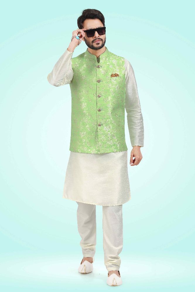 Raivat Ethnic Jacquard Banarasi Silk Woven Work 3 Pics Jacket Set In Pista Green Colour