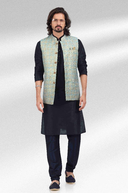 Raivat Ethnic Jacquard Banarasi Silk Woven Work 3 Pics Jacket Set In Blue Colour