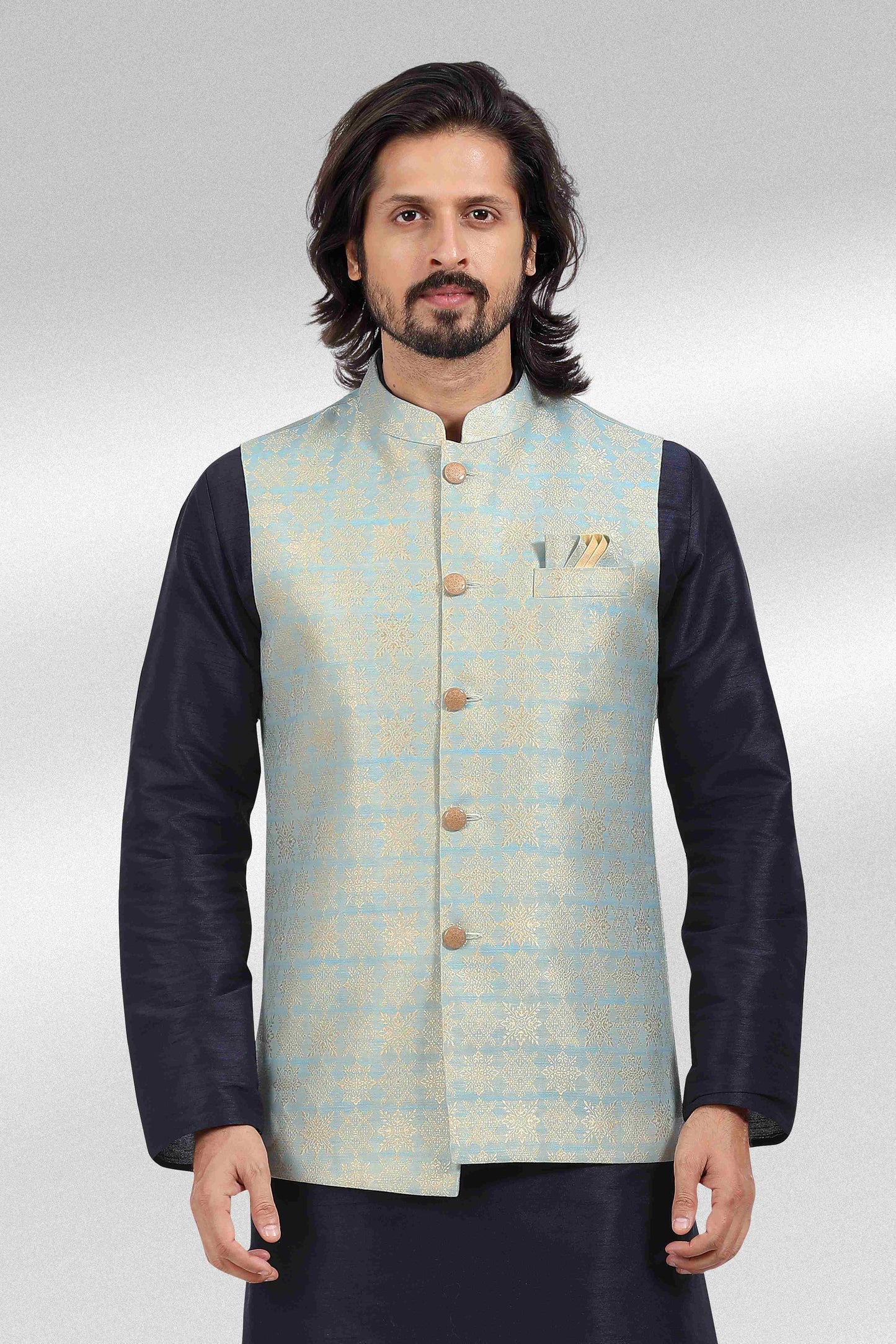 Raivat Ethnic Jacquard Banarasi Silk Woven Work 3 Pics Jacket Set In Blue Colour