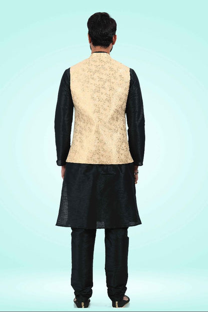 Raivat Ethnic Jacquard Banarasi Silk Woven Work 3 Pics Jacket Set In Gold Colour