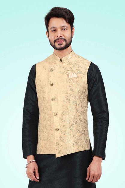 Raivat Ethnic Jacquard Banarasi Silk Woven Work 3 Pics Jacket Set In Gold Colour