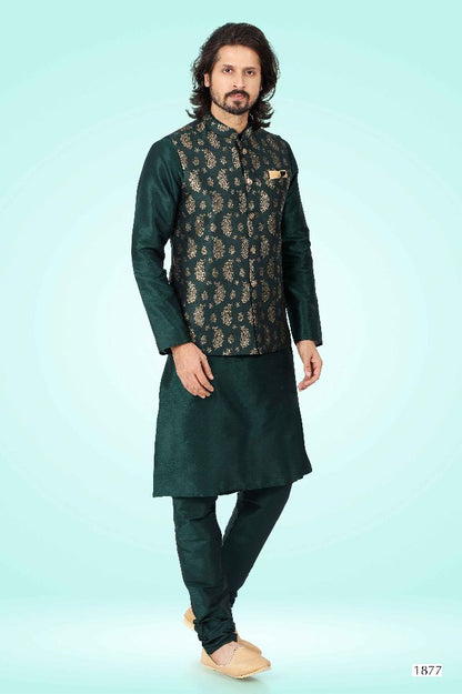 Raivat Ethnic Jacquard Banarasi Silk Woven Work 3 Pics Jacket Set In Green Colour