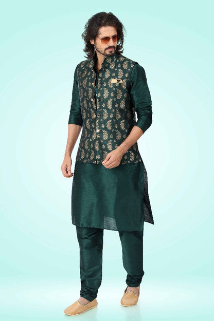 Raivat Ethnic Jacquard Banarasi Silk Woven Work 3 Pics Jacket Set In Green Colour