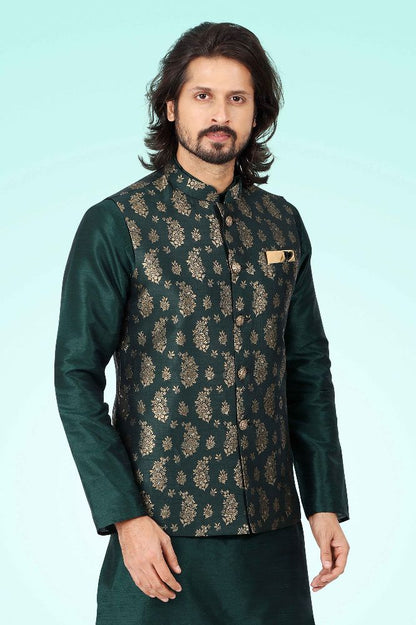 Raivat Ethnic Jacquard Banarasi Silk Woven Work 3 Pics Jacket Set In Green Colour
