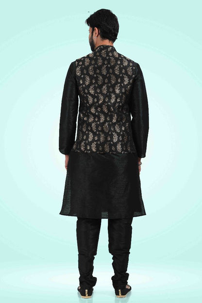Raivat Ethnic Jacquard Banarasi Silk Woven Work 3 Pics Jacket Set In Black Colour