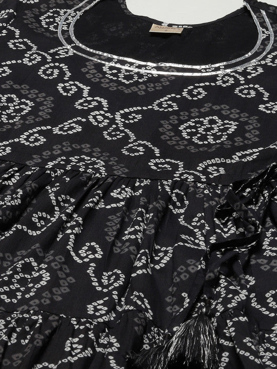 Anayna Women Black Bandhani Printed Pure Cotton Kurta with Trousers & Dupatta