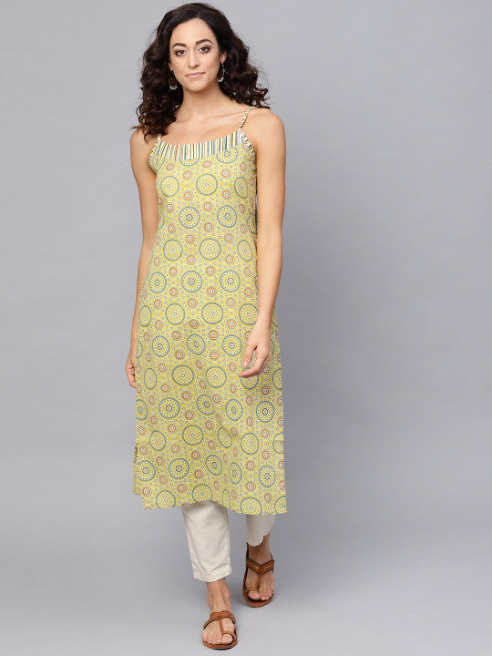 Anayna Women Green & Off-White Printed Straight Kurta