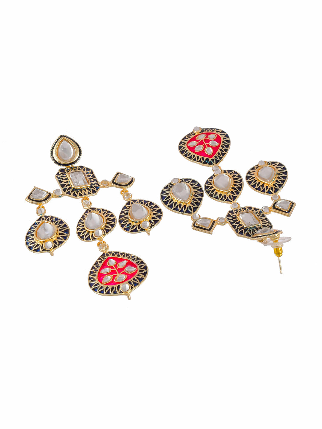 Shoshaa Gold-Polished Balck & Pink Kundan Enamel Drop Earrings