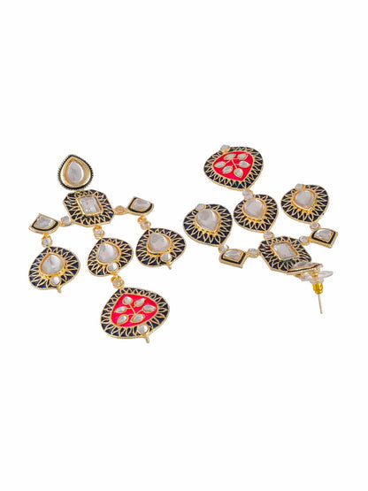 Shoshaa Gold-Polished Balck & Pink Kundan Enamel Drop Earrings