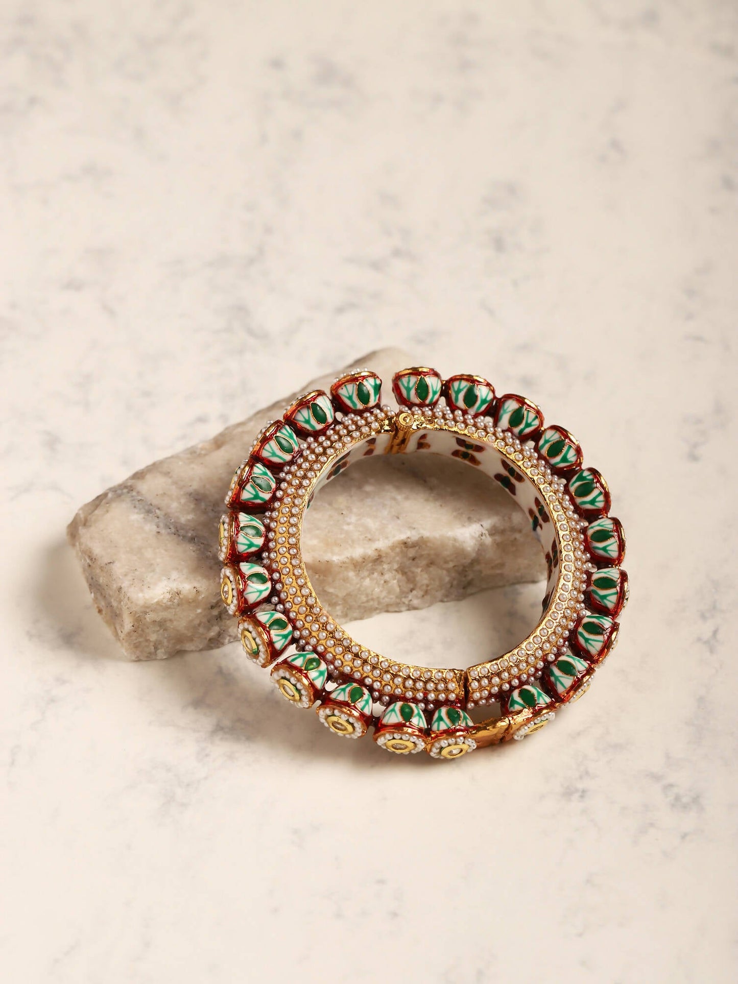 Gold-Polished Green Kundan-Studded Bangle - Ruby Raang