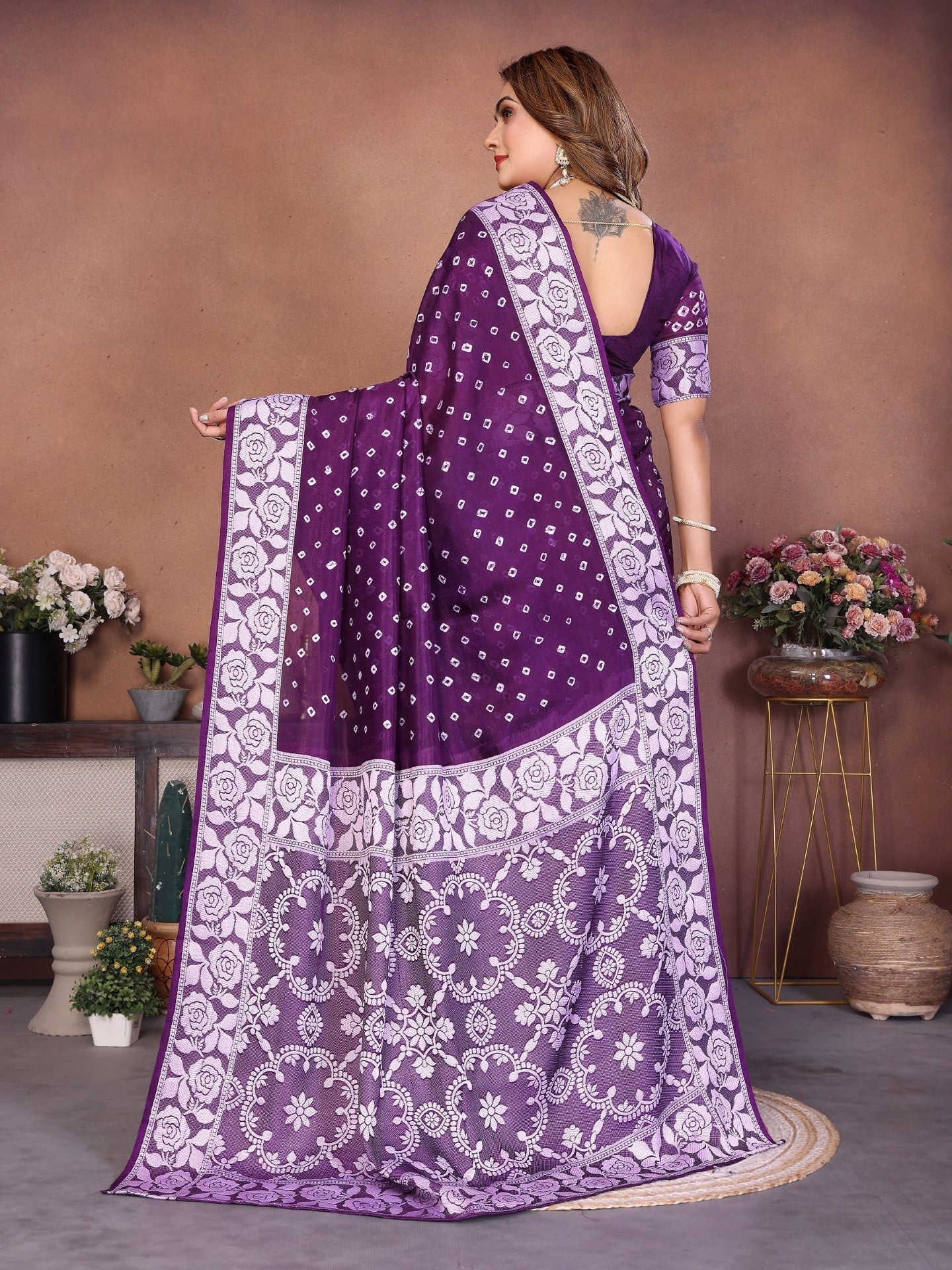 Anaita Dark Purple Handmade Bandhej Viscose Silk Saree With Blouse