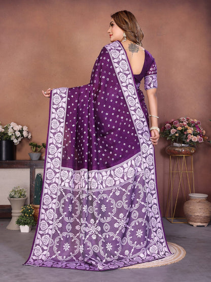Anaita Dark Purple Handmade Bandhej Viscose Silk Saree With Blouse