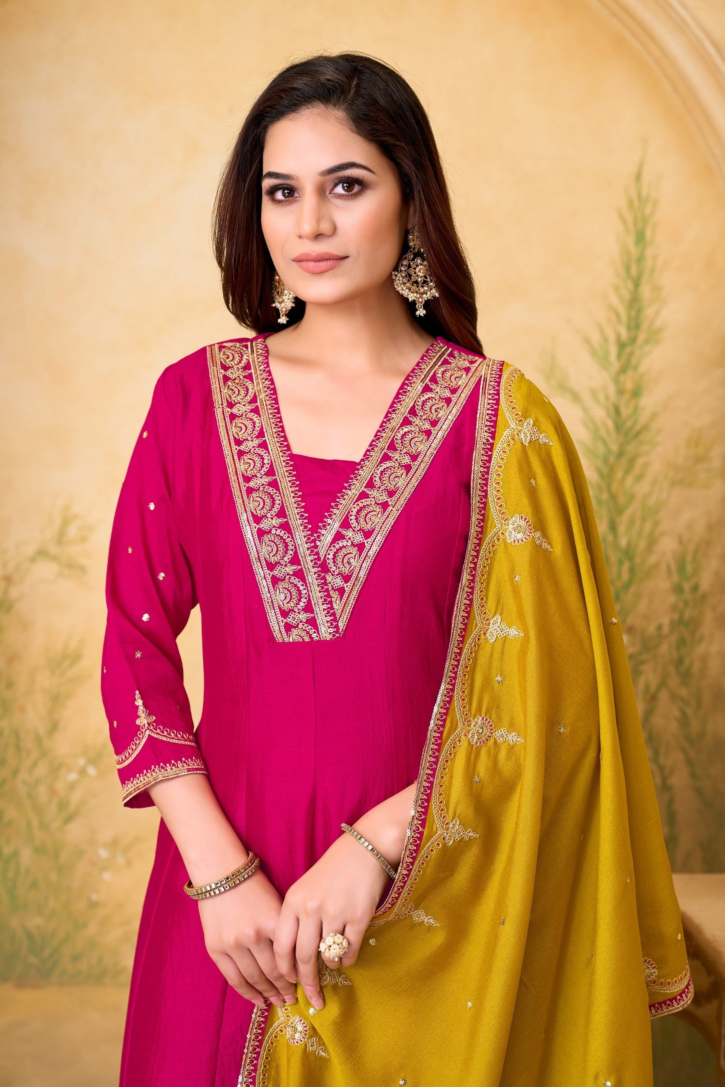 Anaita Pink Yellow Anarkali Readymade Suit with Embroidery Work