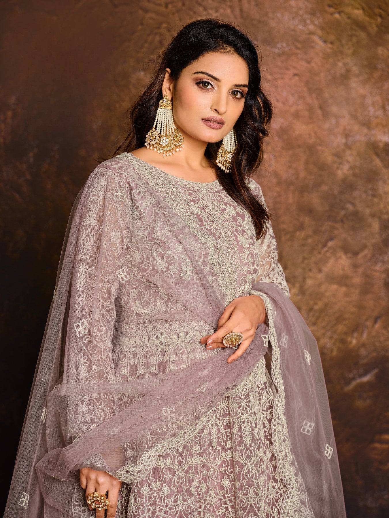 Anaita Purple Embroidered Net Anarkali Suit